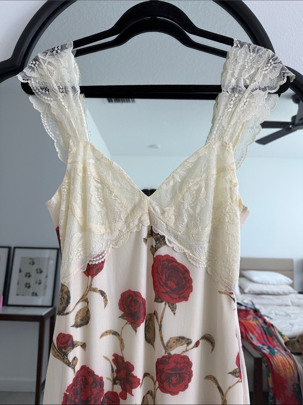 12th Tribe Cream Slip Dress with Red Rose Print and Lace - Picture 8 of 10